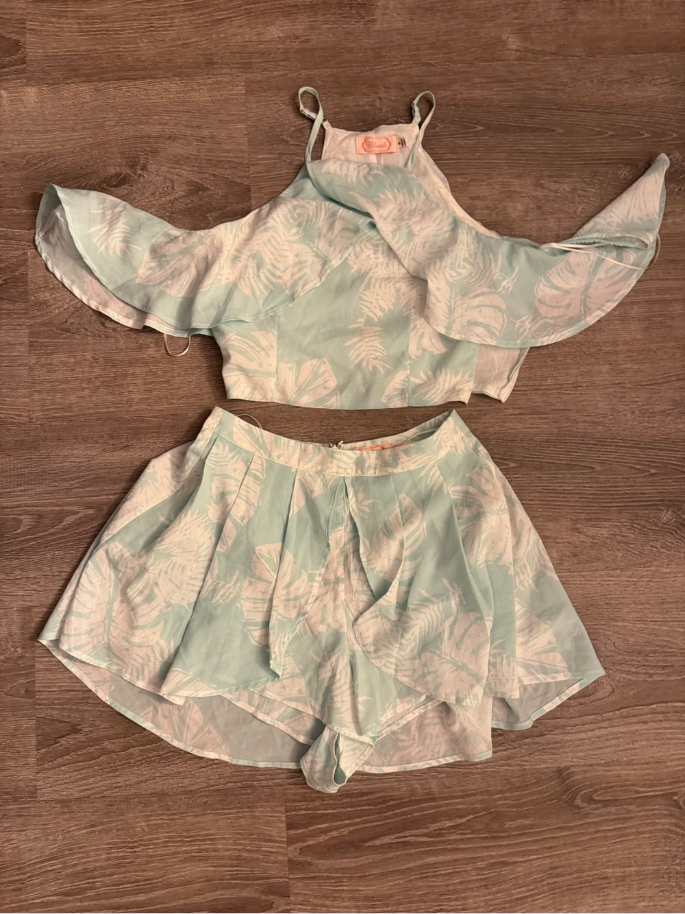 Blush Mint Floral Ruffle Cold-Shoulder Crop Top and Skort Set